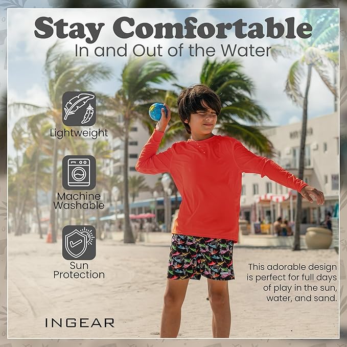 INGEAR Boys' Rash Guard UPF 50+ Swim Shirt - Lightweight, Quick-Dry, Durable Sun Protection for Swimming, Sizes XS-XL