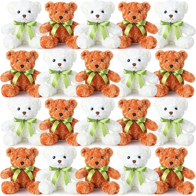 HyDren 24 Pcs Bear Bulk Plush Stuffed Animals 10 Inch Cute Soft Stuffed Bear with Green Bow for Baby Shower Birthday Gift Party (Light Brown, White)