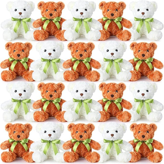 HyDren 24 Pcs Bear Bulk Plush Stuffed Animals 10 Inch Cute Soft Stuffed Bear with Green Bow for Baby Shower Birthday Gift Party (Light Brown, White)