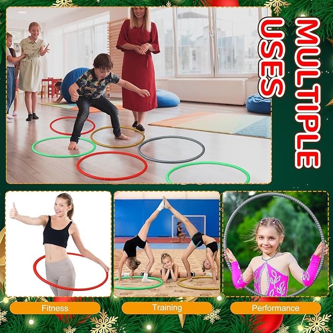 Sratte 12 Pcs Toy Hoop for Kid Detachable Adjustable Toy Hoop Colored Exercise Ring Plastic Circle for Kid Teen Gymnastics Equipment Require Self Assembly(28 Inch,Red, Green, Gold, Silver)