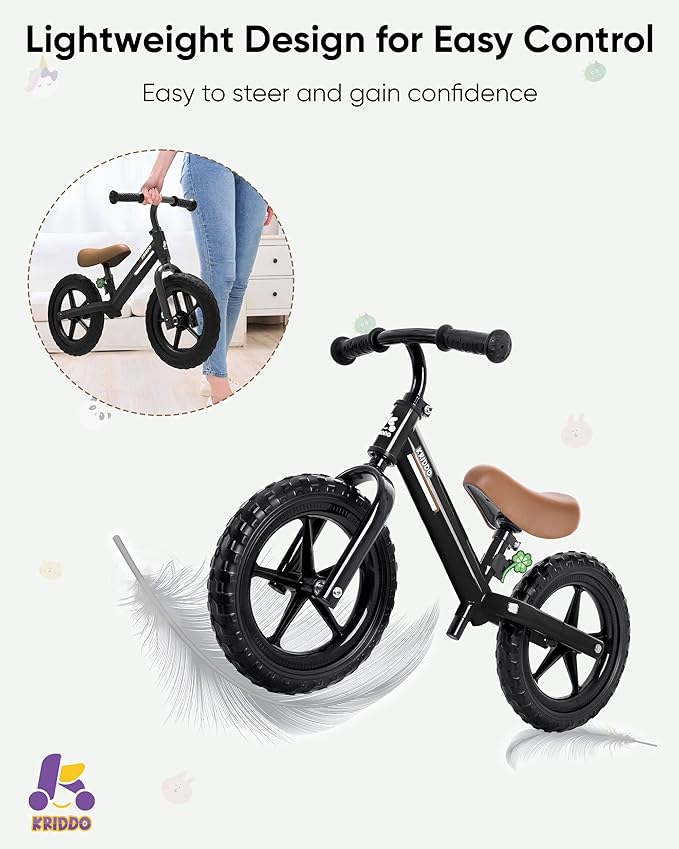 KRIDDO Toddler Balance Bike 2 Year Old, Kids Balance Bike for 2-5 Years Old, Dual Bearing for Smoother Riding, Adorable Plate, Adjustable Seat and Handlebar, Toddler Bike Gifts Age 2-3, Black