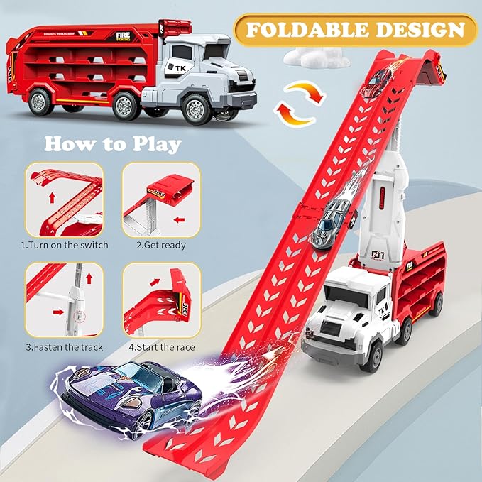 Toddler Car Truck Toys,Car Carrier Trucks Toy for Kids Age 3-5 4-8,Foldable Car Track Sets with 2.8-Ft Race Track and 6 Die-Cast Race Cars, Truck Toys Gifts for 3 4 5 6 7 8+ Year Old Boys Girls(Red)
