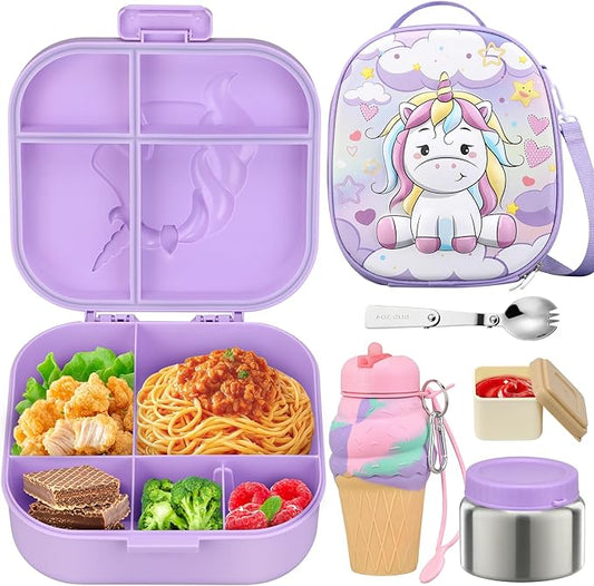 Kids Lunch Box Set -12oz Insulated Food Jar, Thermal Bag,Leakproof Lunch Food Containers Cutlery (BPA Free)-Gift for Girls/Boys Age 3-10(Purple)