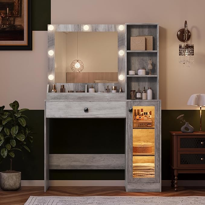 Makeup Vanity with Mirror and Lights & Power Outlet, 34'' Small Vanity Desk with Drawers and Storage Cabinet & Makeup Tray, Dressing Table for Girls Bedroom Dressing Room, Grey