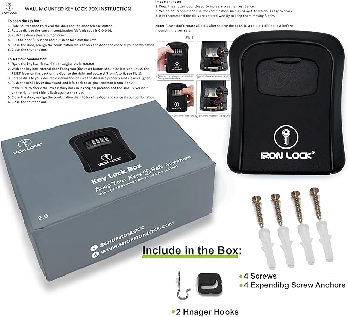 Iron Lock® Wall Mount Key Lock Box for Keys 4 Digit Combination with Resettable Code with A B Switch Indoor Outdoor Waterproof House Key lockbox for Spare House Keys 5 Capacity (Medium, Black)