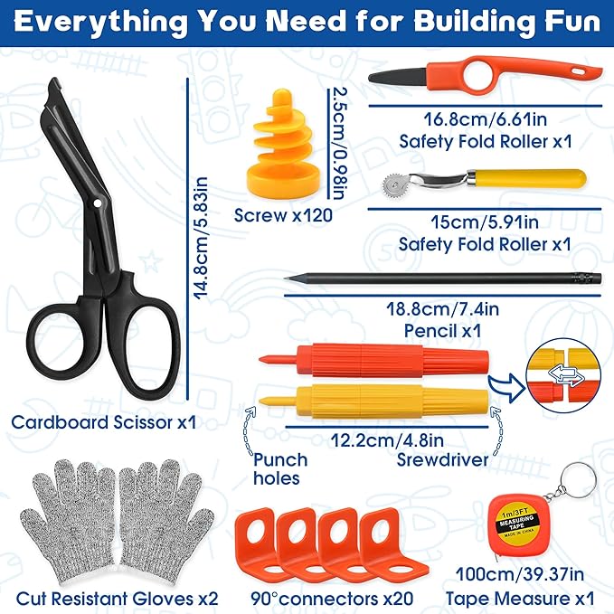 FEMBW Cardboard Construction Kit – 150 PCS DIY STEM Craft Set with Kid-Safe Cardboard Cutter,Safe Serrated Cutter & Tools for Creative Projects, School, Home, Team Activities, Ages 5+