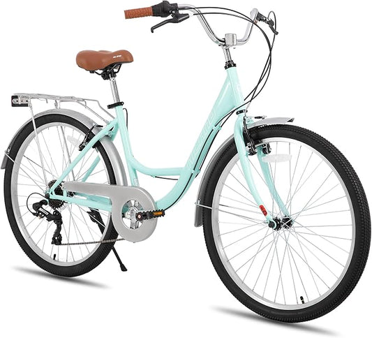 HILAND 26 inch Complete Beach Cruiser Bike for Adults, 7 Speed Step-Through Frame Womens Bicycle with Rear Rack, Retrospec Bike Commuter City Bicycle for Men