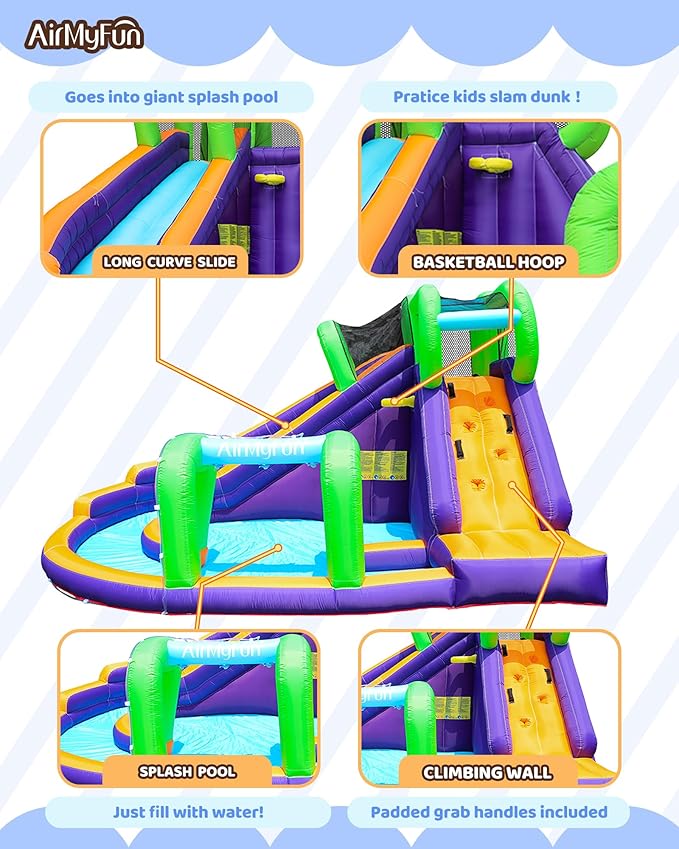 AirMyFun Water Slide InflatableBounce House for Kids with Blower. Family Backyard Bouncy Castle with Fun Doorway Tunnel, Climbing Wall,Long Safe Return Curved Slide and Ball Shooting