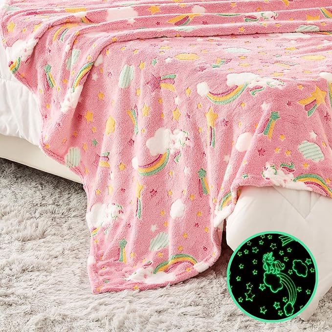 Wajade Rainbow Gifts Toys for Girls - Glow in The Dark Rainbow Blanket Birthday Christmas Decor for Kids Age 3 4 5 6 7 8 9 10 11 12 Years Old Teens Child Toddler Throw Pink 50"x60"
