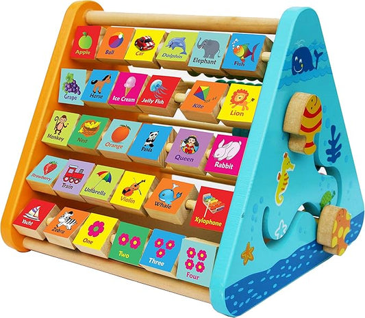 TOWO Wooden Activity Centre Triangle Toys - flip Flop Alphabet Blocks Abacus Clock - Activity Cube for Toddlers 5 in 1- for Babies Montessori Learning-Wooden Toys for 1 Year Old