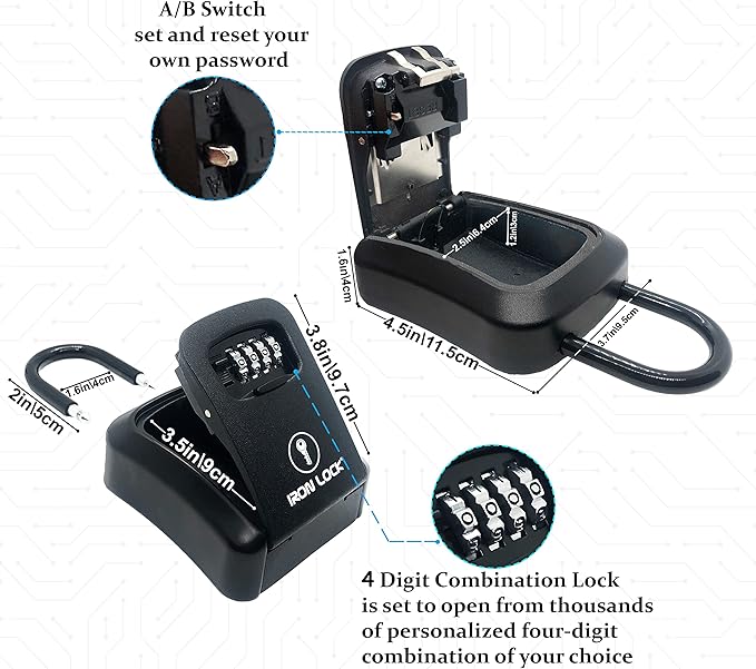 Iron Lock® Portable Key Lock Box and Wall Mounted with Removable Shackle Indoor Outdoor Waterproof 4 Digit Combination with Resettable Code with A B Switch Key Lockbox for Outside (Medium, Black)