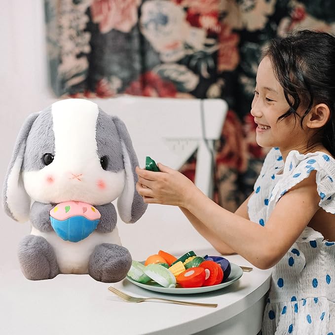 HOUPU Soft Toy - Sitting Lop Eared Rabbit, Easter White Rabbit Stuffed Bunny Animal with Carrot Soft Lovely Realistic Long-Eared Standing Pink Plush Toys (Ash White-Cake,12.5in/32cm)