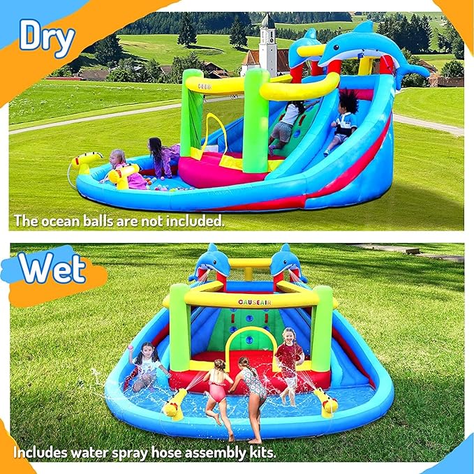 Inflatable Water Slide with Bounce House,Dolphin Styling,Splashing Pool,Double Water Cannon,Climbing Wall,Heavy Duty GFCI Blower,Inflatable Water Park Slide for Kids Backyard Summer
