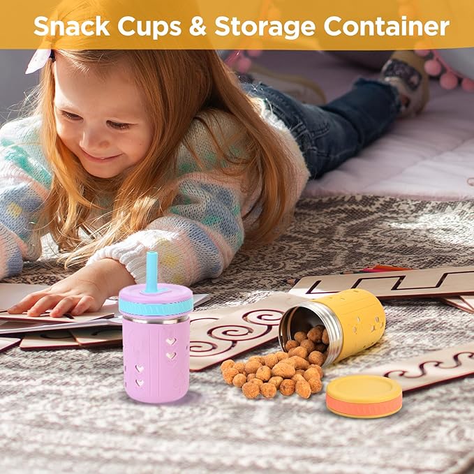 Tronco [2 Pack] 10 oz 2-in-1 Stainless Steel Kids Tumbler Cups with Silicone Sleeves, Spill-Resistant Flexible Straws & Storage Lids, BPA-Free Smoothie and Snack Cups, Dishwasher Safe