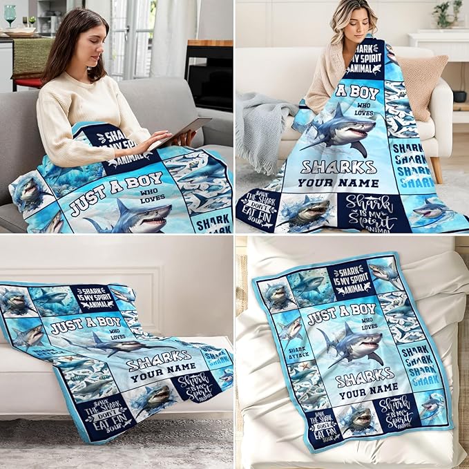 Personalized Shark Gifts for Boys - Soft, Lightweight Shark Throw Blanket - 40 x 50 Inches Colorful Cute Blankets Stuff for Couch, Sofa