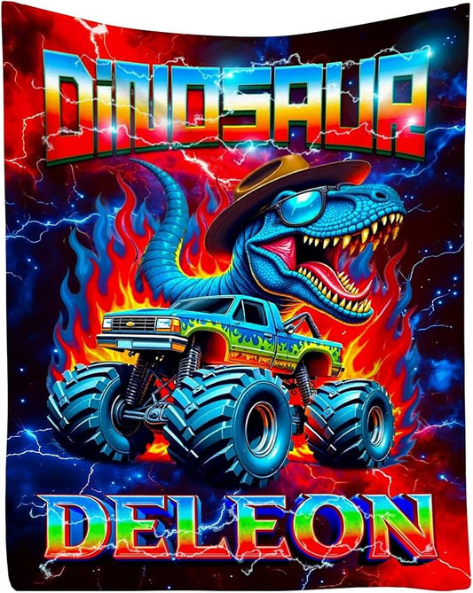 Custom Truck Blanket with Name Personalized Dinosaur Throw Blanket for Boys Cars Lovers Gifts for Couch Sofa Bed Decor(Boy-04)