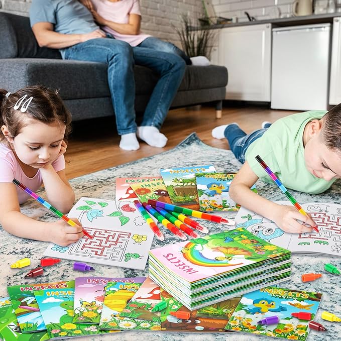 BenLouis 12 Insects Mini Coloring Books Kids with 12 Stacking Crayons Spring Bugs Party Favors Small Activity Books Bulk for Kids Butterfly Bee Party Gift Goodie Bag Stuffers