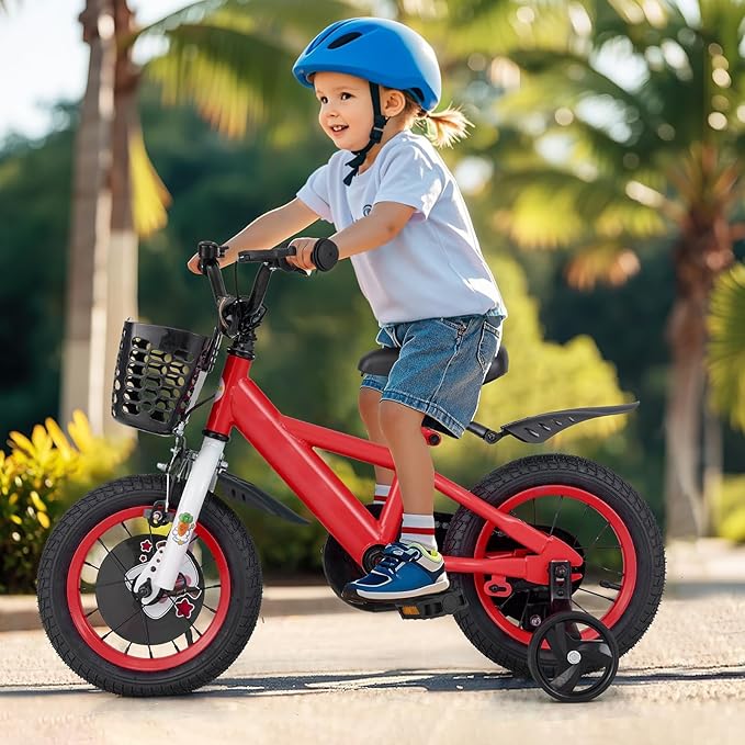 BABY JOY Rabbit Pilot Sporty Kids Bike, 12 14 16 18 Inch Child Bike for 3-8 Years Old with Adjustable Height, Training Wheels, Storage Basket, Handbrake & Coaster Brake, Kids Bicycle for Girls Boys