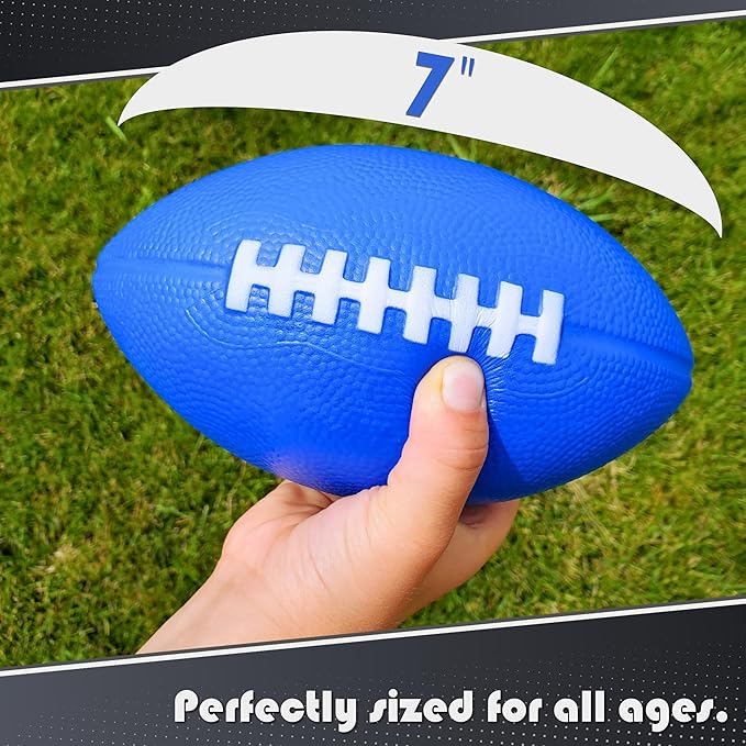 Kids Football 4 Pack - 7.25” Foam Footballs - Soft, Small Football - Colorful Mini Ball for Kids - Includes Green, Yellow, Blue, and Red