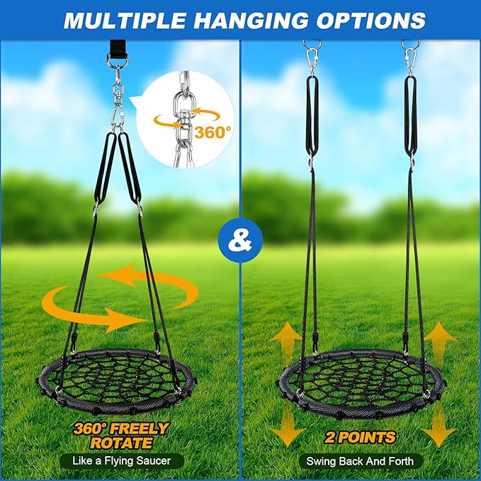 Odoland Spider Web Platform Swing, Outdoor Saucer Net Swings, 900D Oxford for Kids & Adults - Backyard Round Swing with Rope Straps & Turnbuckle, 24in, Black