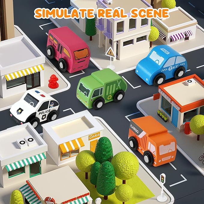 Toddler Car Toys, Wooden Cars Toys for Boy, 22 PCS Cars and Trucks Toy Vehicles Set with Traffic Signs, Playmat, Storage Box, Wood Montessori Toys for Toddlers Baby Birthday Educational
