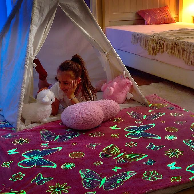 Wajade Glow in The Dark Butterfly Blanket for Girls, Soft Cozy Flannel Kids Throw Blanket for Boys and Girls, Cute Kids Blanket for Sofa Couch Bed, Christmas Birthday Gift 50"x60"