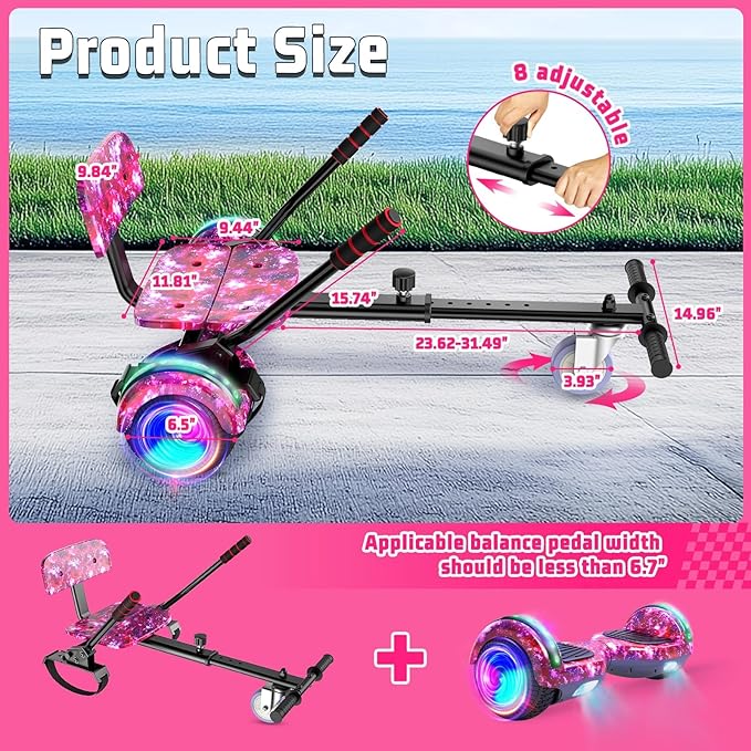 Scooter with Seat Attachment for Kids Adults, 6.5'' 8.5''Balancing Scooter with Bluetooth Speakers & Colorful LED Light with Kart