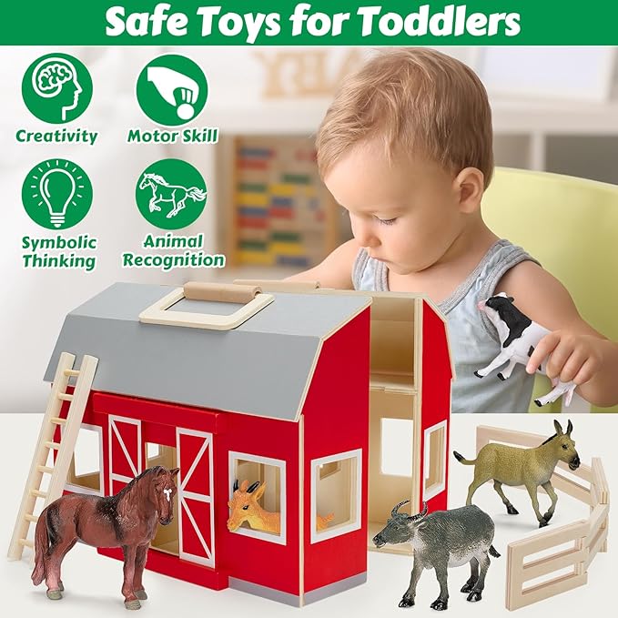 GMAOPHY Farm Animals Toys for 3+ Year Old Toddlers Girls Boys, Big Wooden Barn Farm with Figures Animals Toy for Kids, Farm Playset Educational Learning Toys, Ideal Christmas Birthday Gifts