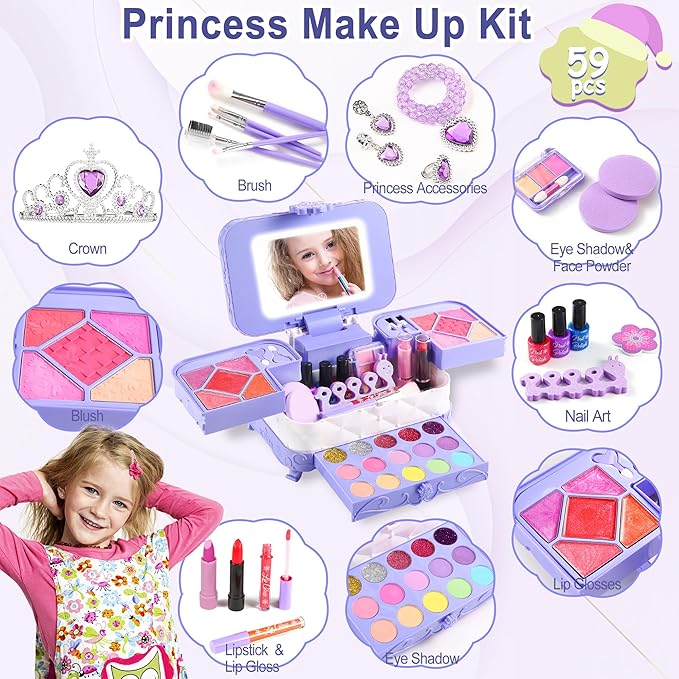 59 in 1 Kids Makeup Kit, with 3-Color Led Makeup Mirror Real Washable Kid Makeup Set for Girls, Perfect Girl Birthday Gift, Age 3+