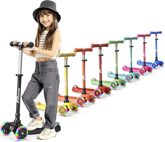 Lifemaster Mini 3-Wheel Kids Scooter with Multi-Color Wheel Lights – 4-Height Adjustable Handlebar, Wide Anti-Slip Deck, Child Safety Certified, Boys & Girls Ages 2+ Supports Up to 110 lbs