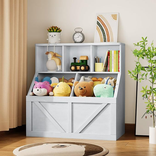 Kids Bookshelf and Toy Storage, Toy Storage Organizer, Toy Organizer with Storage Cabinet and Toy Shelf, Toddler Book Shelf for Kids Rooms, Playroom, Bedroom, Nursery, Daycare, Vintage White
