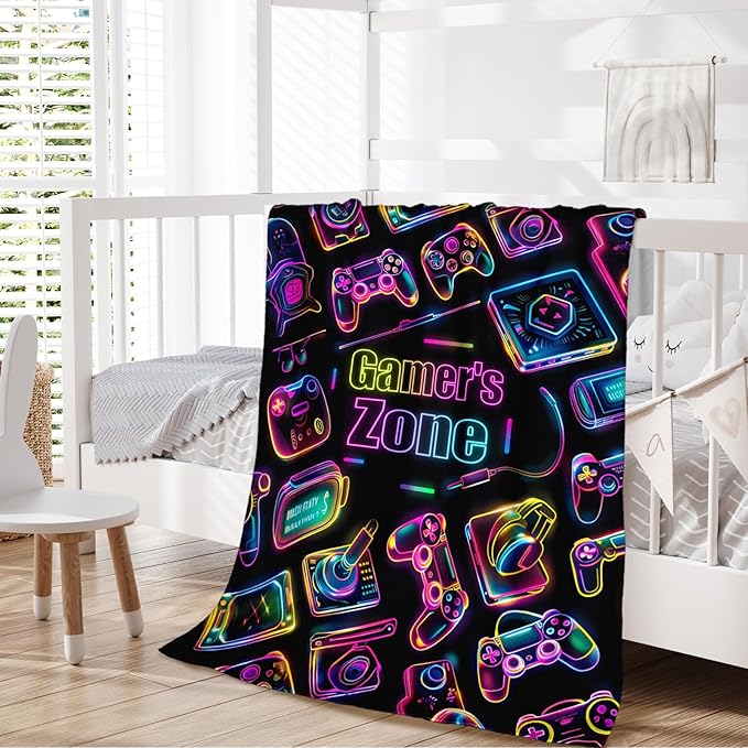 Gaming Blanket - 40x30 Inches Small Gamer Blanket for Boys, Girls - Soft Warm Cozy Flannel Game Themed Stuff for Chairs, Office, Sofa - Black Cool Fuzzy Gifts for Gamer Lovers