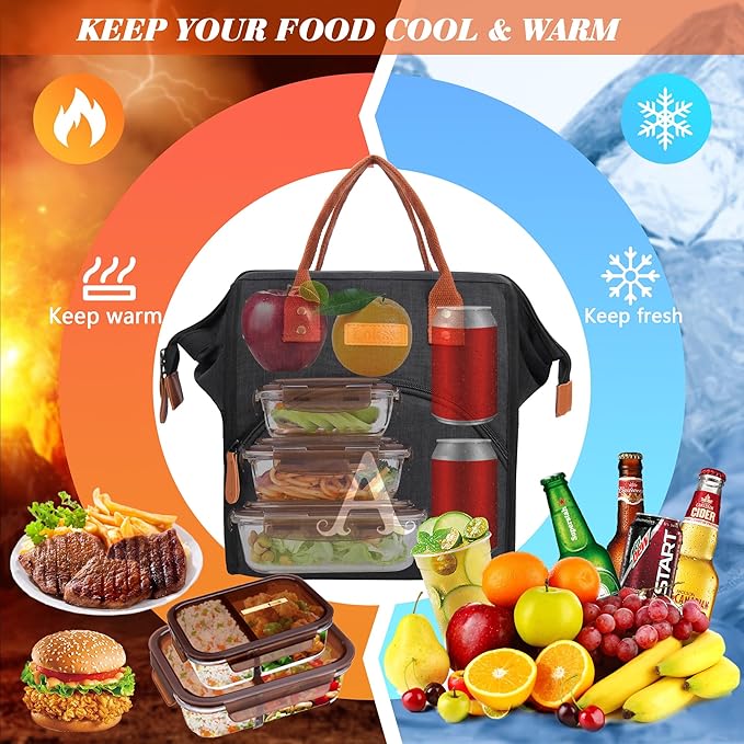 Personalized Lunch Box for Women, Initial Reusable Insulated Lunch Bag, Wide-Open Adult Lunchbox Cooler Lunchbag, Leakproof Lunch Tote for Picnic Work Outdoors, Christmas Gift for Women, Black - G