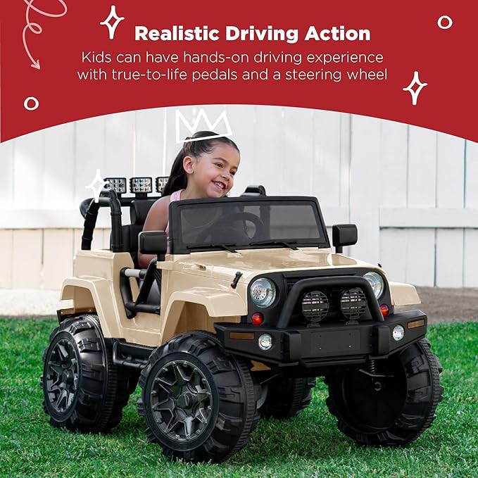 Best Choice Products Kids 12V Ride On Truck, Battery Powered Toy Car w/Spring Suspension, Remote Control, 3 Speeds, LED Lights, Bluetooth - Sand