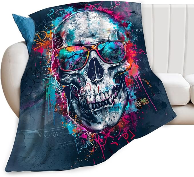 Skull Blanket Fleece Soft Warm Plush Cool Skull Throw Blanket Lightweight Plush Fuzzy Cozy Graffiti Skeleton Blankets for Kids Adult Suitable for Couch Sofa Bed 80"X60"