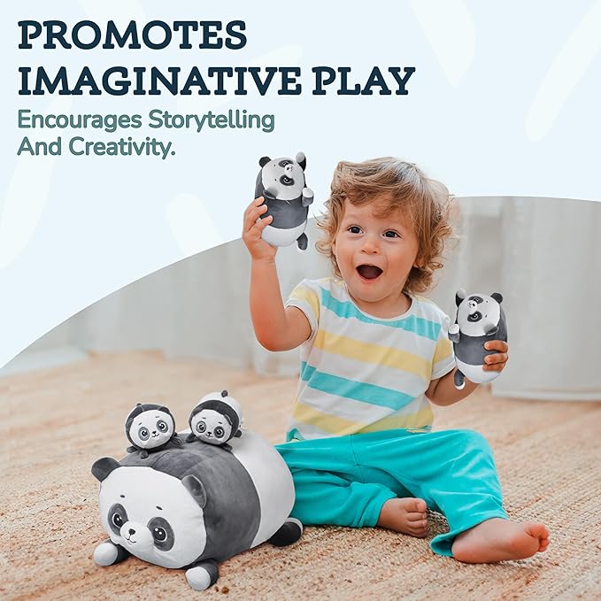 PixieCrush Panda with Puppies Plush Toy Set - Super Soft Plush Material - Includes Mommy Panda with 4 Removable Puppies - Black White - Perfect Toy for Girls