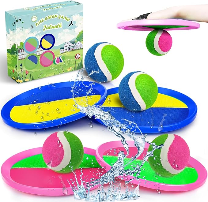 Jalunth Ball Catch Set Game Toss Paddle Beach Toys Back Yard Outdoor Games Pool Backyard Target Throw Sticky Mitt Set Age 3 4 5 6 7 8 9 10 11 12 Years Old Boys Girls Kids Easter Gifts Pink Blue 2 Pack