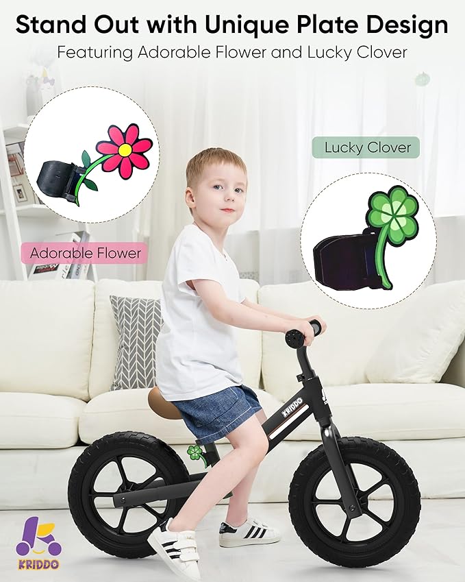 KRIDDO Toddler Balance Bike 2 Year Old, Kids Balance Bike for 2-5 Years Old, Dual Bearing for Smoother Riding, Adorable Plate, Adjustable Seat and Handlebar, Toddler Bike Gifts Age 2-3, Black