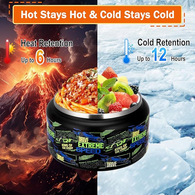 13.5oz Kids Soup Jar for Hot Food Vacuum Insulated Food Jar with Buckle Lid, Stainless Steel Wide Mouth Leak Proof Lunch Container for School Picnic Travel (Car Black)