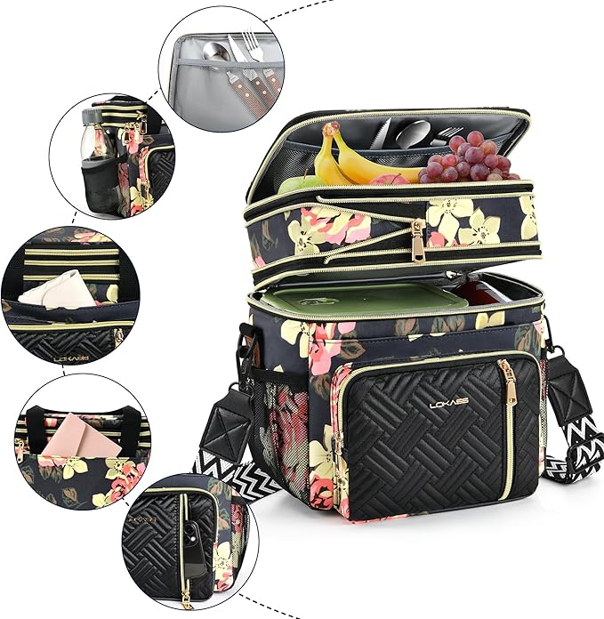 LOKASS Lunch Box & Lunch Bag for Women Men Double Deck, Large Insulated Adult Lunch Box Leakproof Lunchbox Cooler Bag for Work Picnic Beach,（Floral 16L）