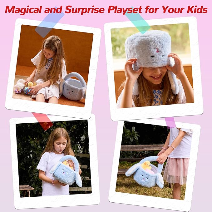 7 Piece Plush Stuffed Animals Playset Toys with Rabbit, Chick, Lamb, Carrot, Egg, Flower, Furry Bag, Soft Basket Set Toys for Girls Kids Ages 3+, Birthday Christmas Valentines Easter Party Favors