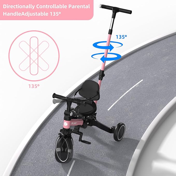 Glaf Tricycle for Toddlers 1-3 Toddler Bike Tricycles with Push Handle 2-4 Years Baby Bike Boys and Girls Balance Bike Birthday Toys with Removable Pedals Adjustable Seat Height and Backrest (Pink)