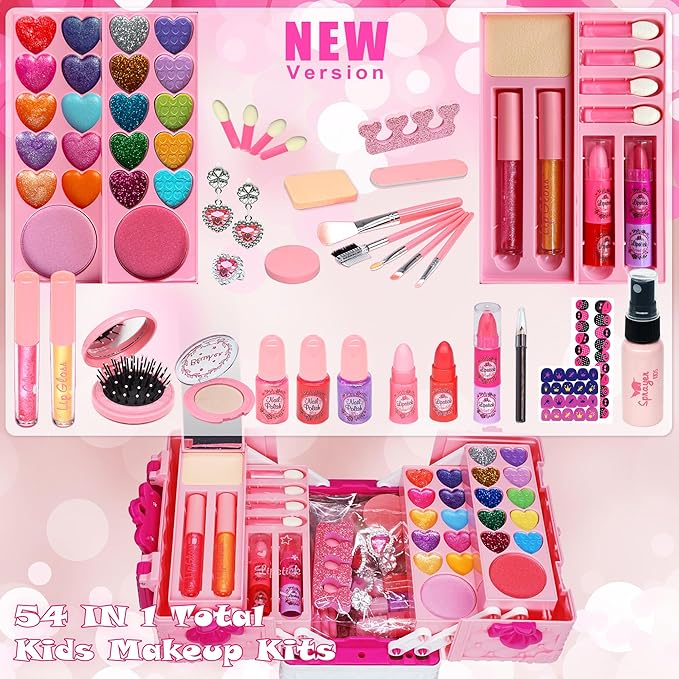 Kids Makeup Sets for Girls - 54 PCS Girl Toys, Washable Makeup for Kids 8-12, Maquillaje para Niñas, Play Makeup Set for Kid 3-5, Non Toxic Girls Makeup Sets, Princess Stuff Girl Birthday Gift(Pink)