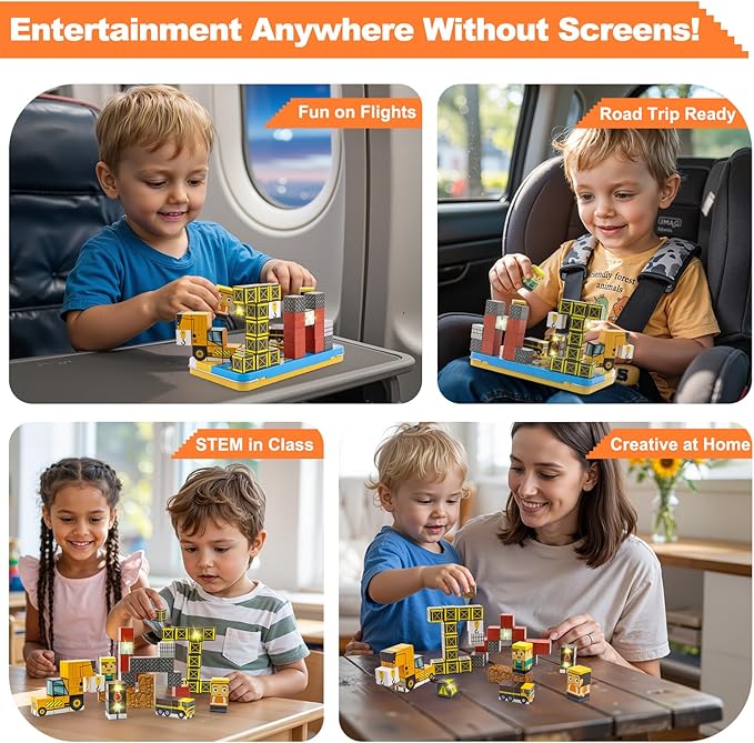 Aywewii Travel Magnetic Blocks 45 PCS Travel Games for Kids Ages 3-5, Magnet Building Cubes STEM Learning Set with Iron Case - Portable Building Toys for Boys and Girls (Construction Edition 1)