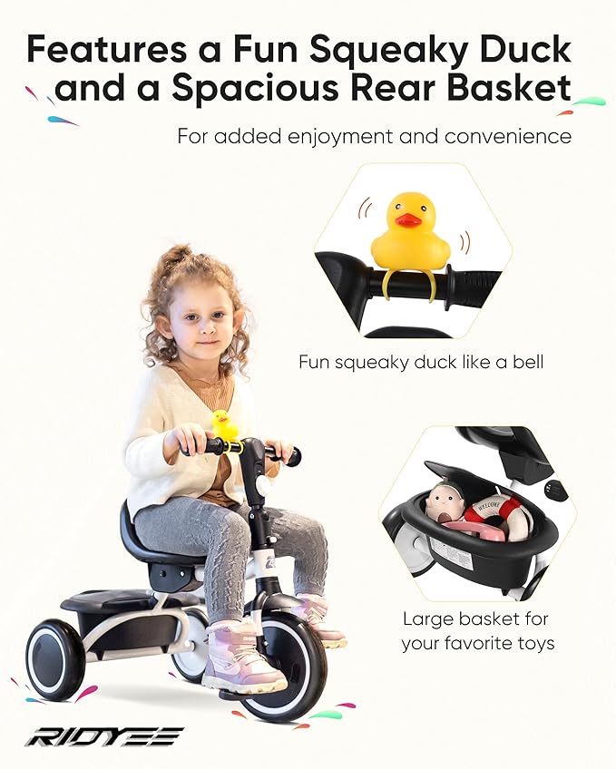 Toddler Tricycle for 18 Months to 5 Years, Foldable Tricycles for 3-5 Year Olds, Kids Tricycle with Adjustable Carry-Friendly Ergonomic Seat and Covered Large Basket, White