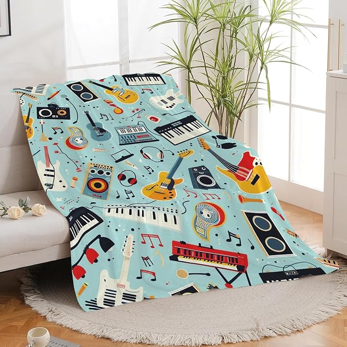 Music Blanket Musical Instruments Note Throw Blanket Gifts for Music Lovers Adults Men Women Kids Boys Girls Super Soft Cozy Plush Fluffy Fuzzy Fleece Blanket Home Decor 60''X80''