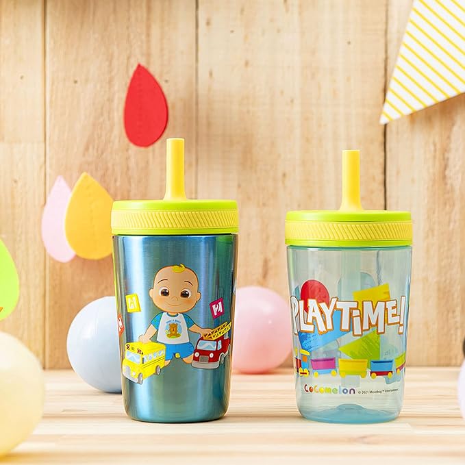 Zak Designs CoComelon Kelso Tumbler Set, Leak-Proof Screw-On Lid with Straw, Bundle for Kids Includes Plastic and Stainless Steel Cups with Bonus Sipper (3pc Set, Non-BPA)
