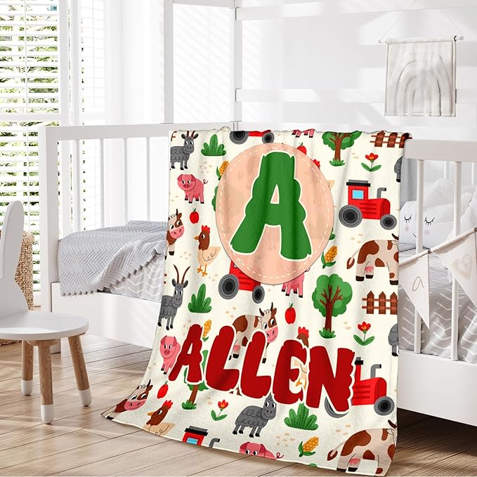 Kids Blanket Gift for Boys, Personalized Farm Throw Blanket for Kids Toddler Boys Age 6-8, Custom Name Initial Letter Monogram Soft Fuzzy Blankets for Bed Couch Sofa Decor