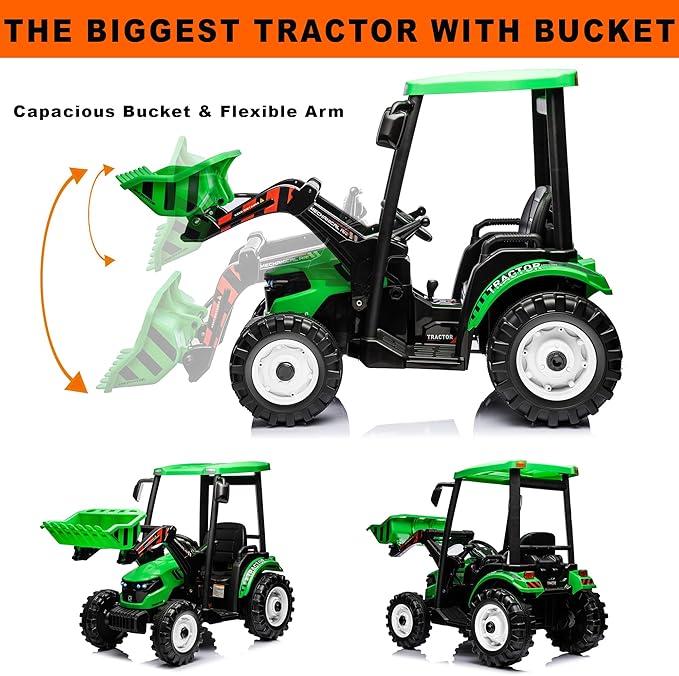 Kidsera 24V Ride on Tractor with Front Loader, Ride On Excavator with 24volt Dual Motors 4-Gearbox Metal Frame Kids Electric Vehicles 24V Power Wheels 24v Ride on Toys for Big Kids (Green)