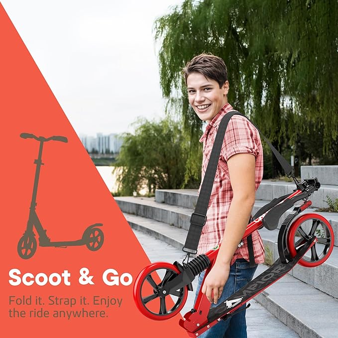 Kick Scooter for Ages 6+, for Kids, Teens, and Adults, Max Load 240 LBS, Foldable, 8-inch Big Wheels for Kids and Adults, with Kickstand, 3 Adjustable Levels, Child Safety Approved, Red